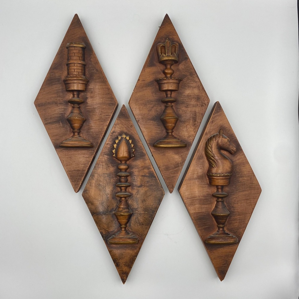 Vintage New Art Studio Corp Chicago Chess Piece Wall Art Set of 4 MCM Diamond - Picture 1 of 13